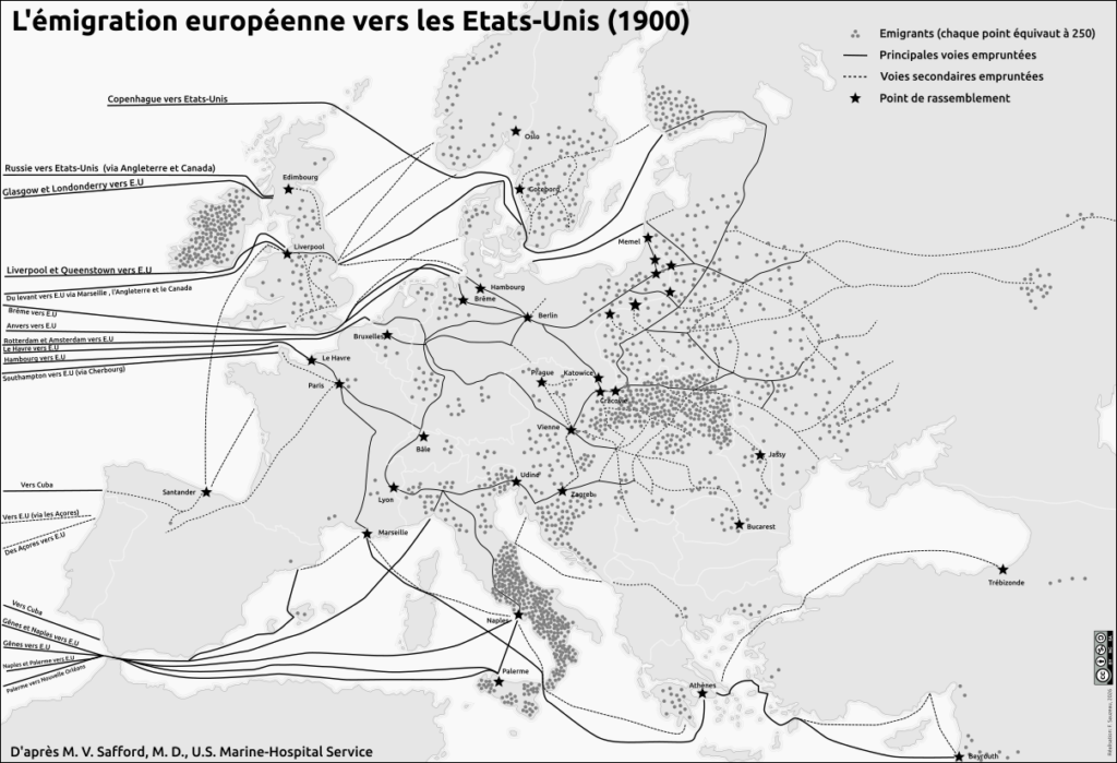 Carte noir et blanc par point ds émigrants européens vers les États-Unis en 1900
