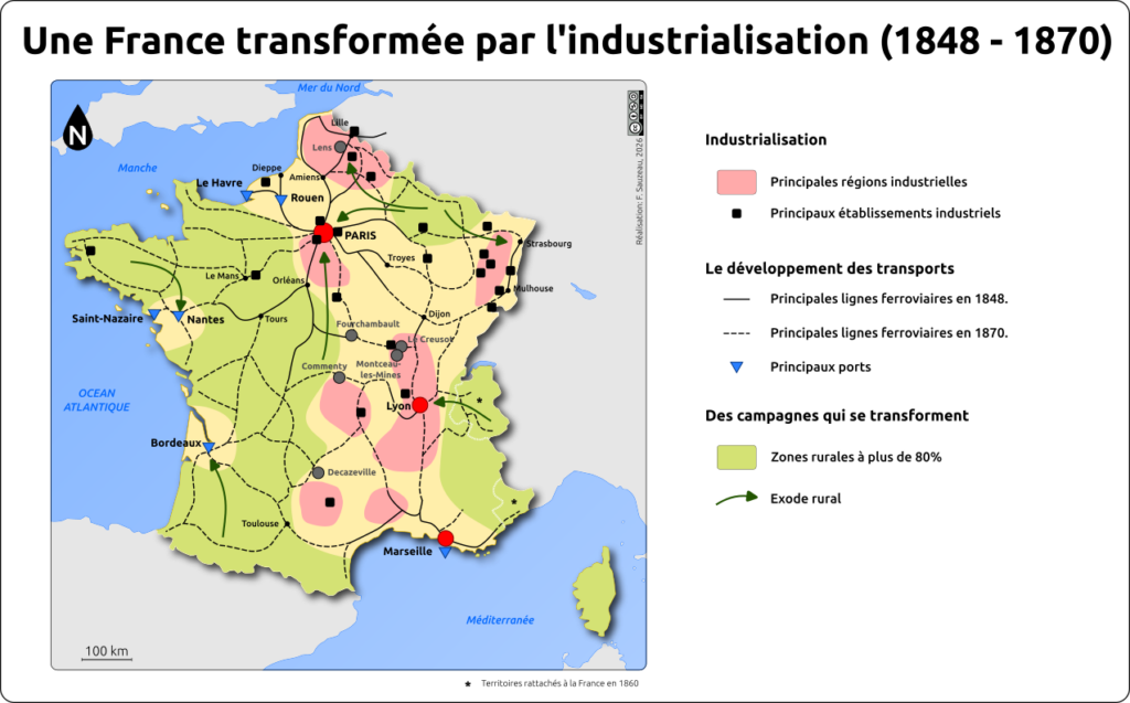 carte de la France transformée par l'industrialisation entre 1848 et 1870.