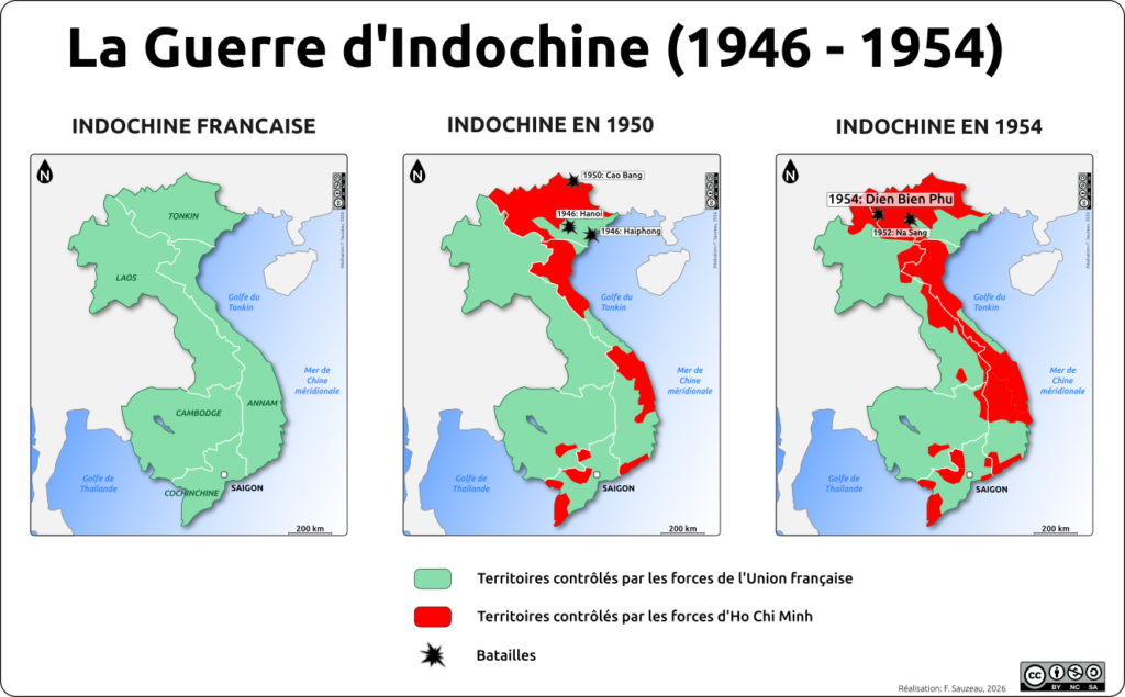 Série de 3 cartes de l'Indochine française au début du conflit, en 1950 et en 1954