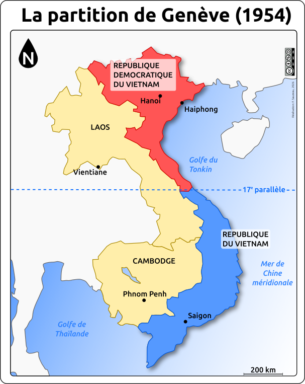 Carte du Vietnam après les accords de Genève en 1954