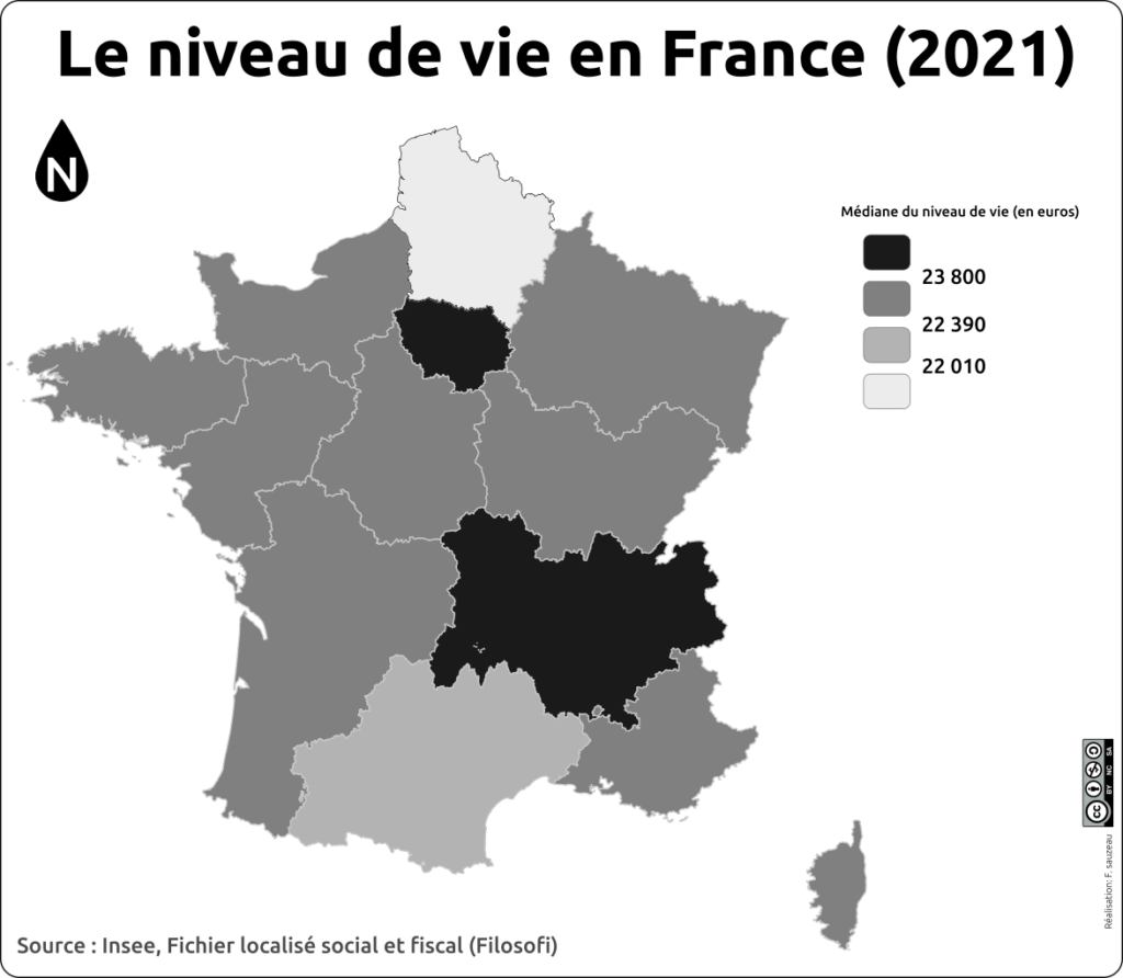Carte du niveau de vie moyen par région en France métropolitaine (2021)