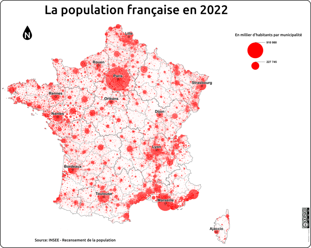 carte de la population française en 2022, en millier d'habitants par municipalité