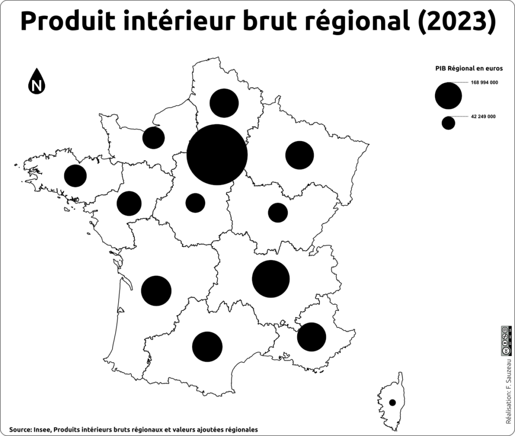Carte du produit intérieur brut régional en France métropolitaine en 2023