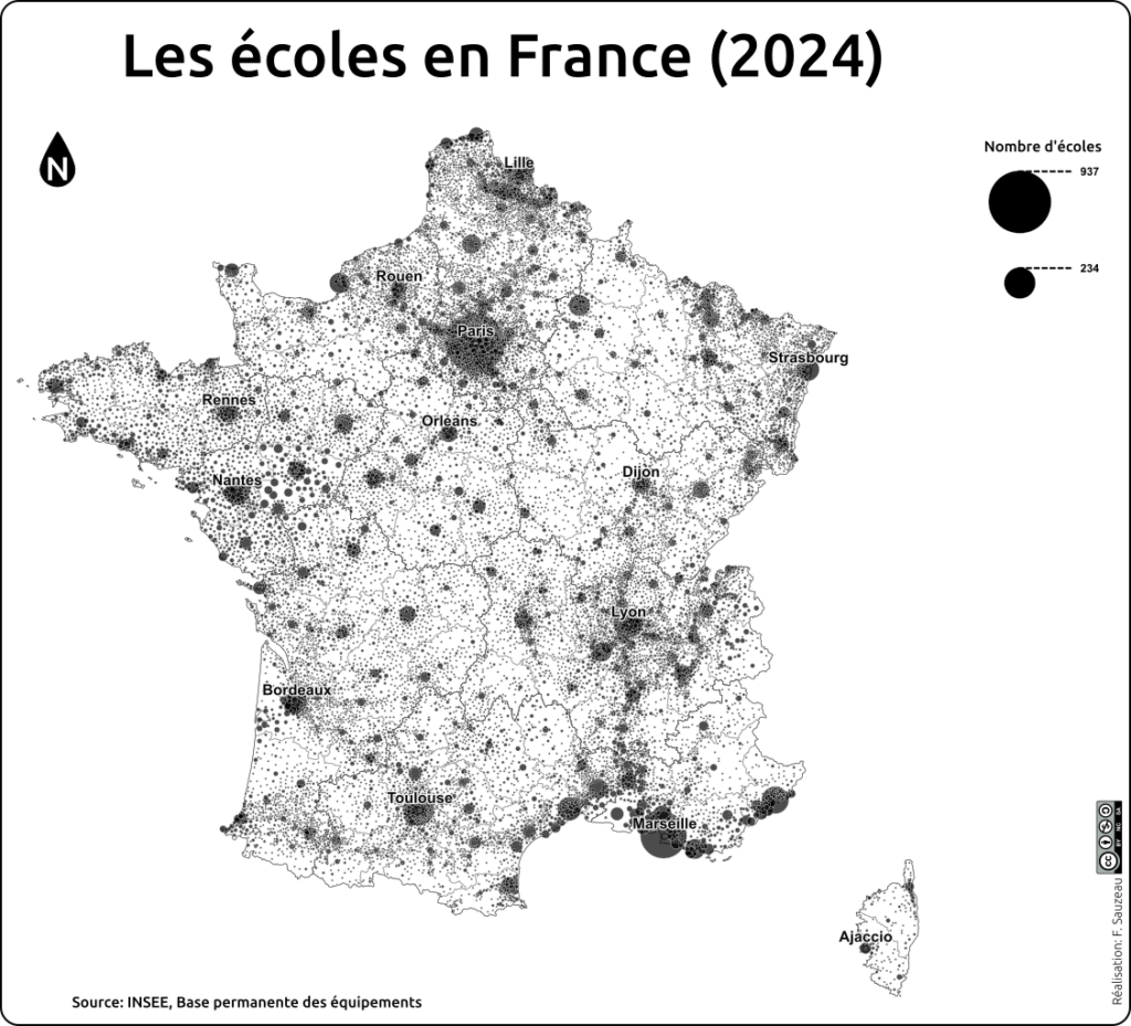 carte de la répartition des écoles maternelles et élémentaires en France en 2024