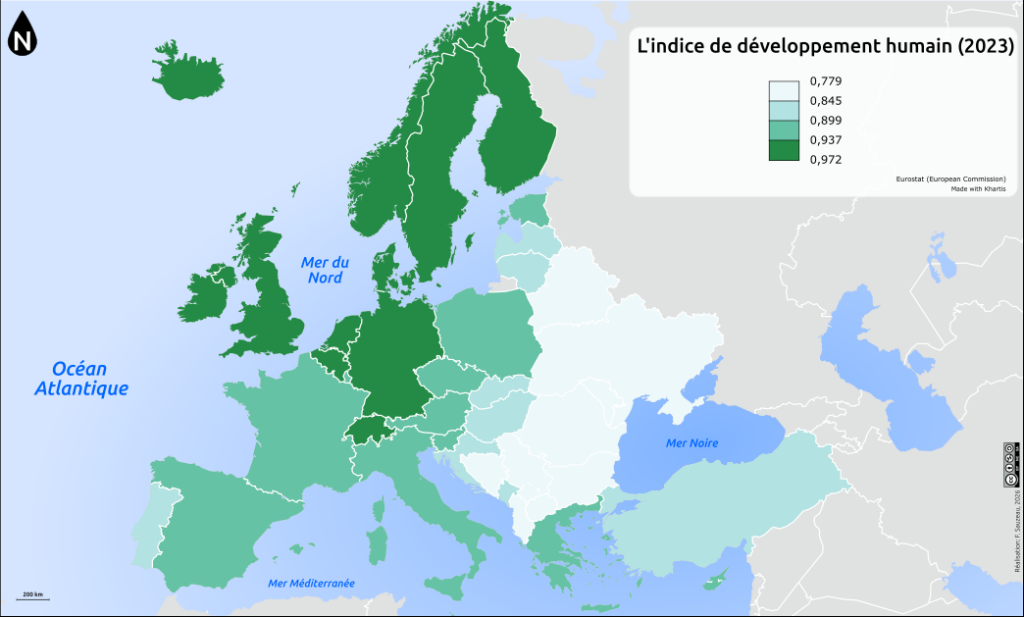 Carte de l'Indice de développement humain en Europe en 2023