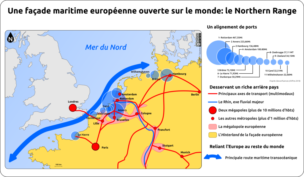 carte du Northern Range avec un alignement de ports desservant un riche arrière pays et reliant l'Europe au reste du monde
