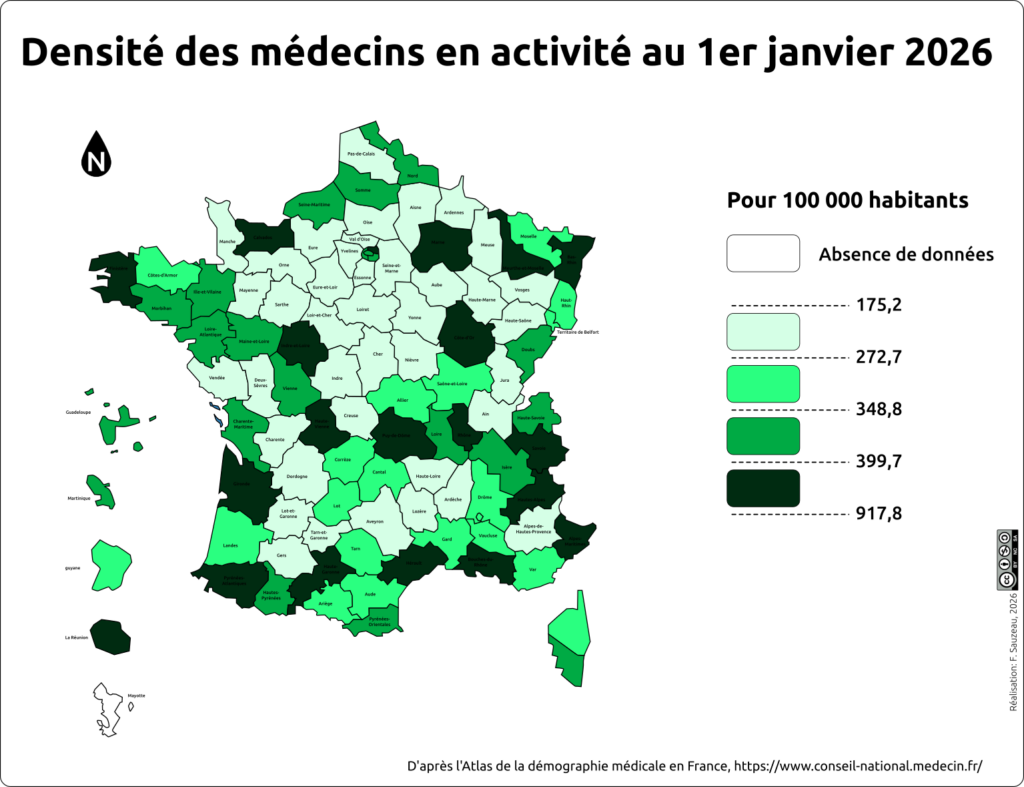 Carte départementale des densités de médecins en activité au 1er janvier 2026